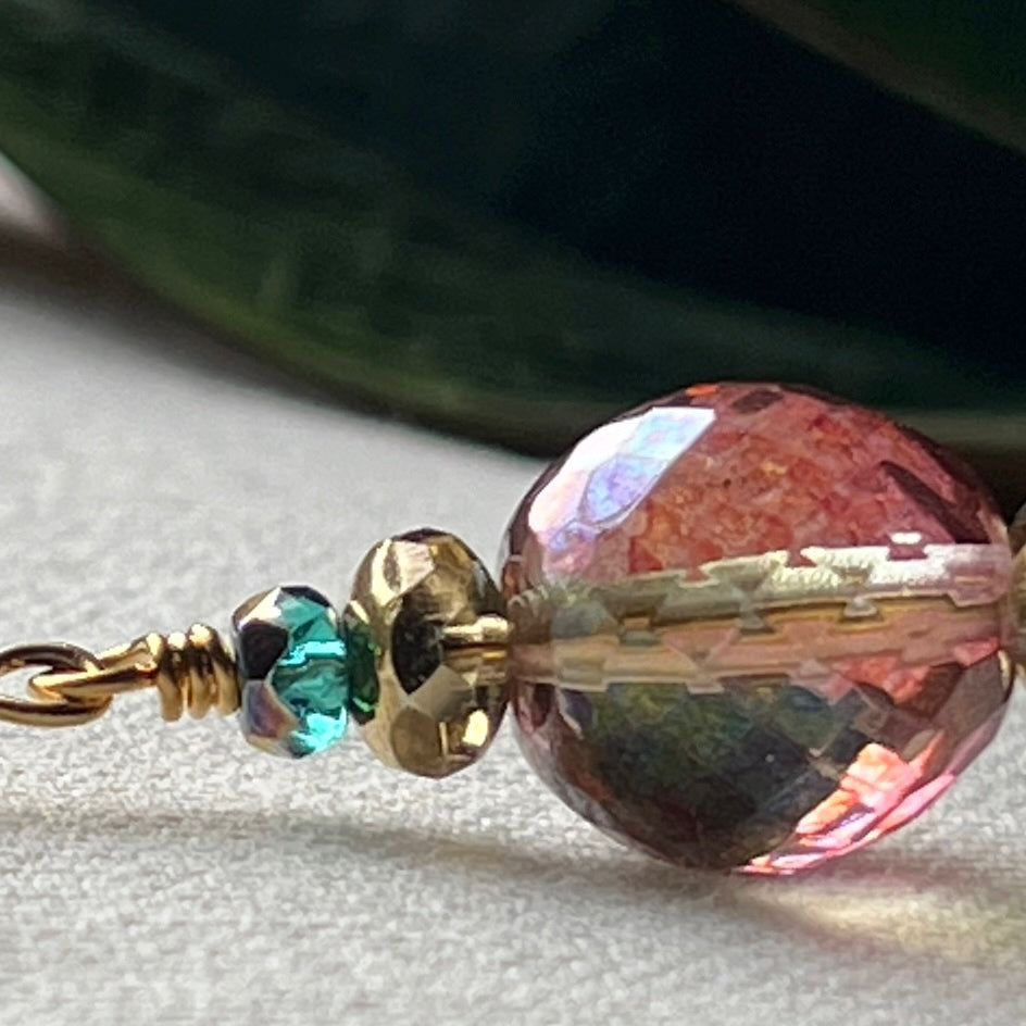 Pink, Green, and Gold Beaded Czech-Glass Earrings