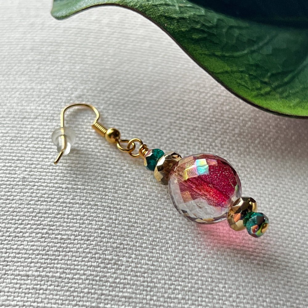 Pink, Green, and Gold Beaded Czech-Glass Earrings